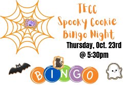 graphic with cartoon spider cookie, ghost cookie, bat cookie, cat cookie advertising spooky cookie bingo night